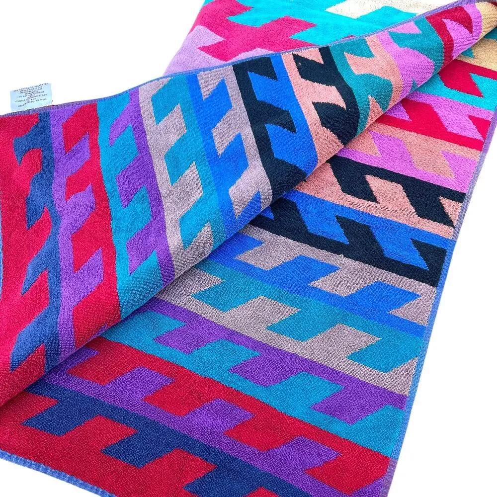 Vintage Royal Terry Beach Towel 80s 90s Geometric Colorblock 38x64 Brazil